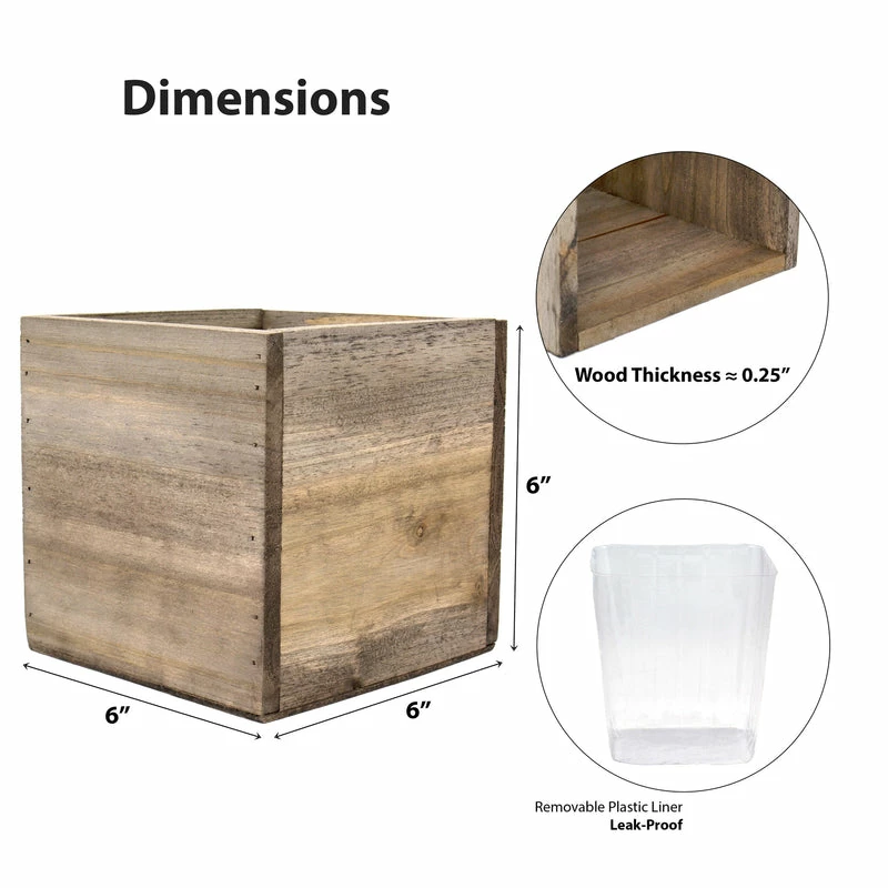 New π Modern Vase And Gift 12 PCS Natural Wooden Cube Plant Box With Plastic Liner 6 Inches Each Side π - Image 2