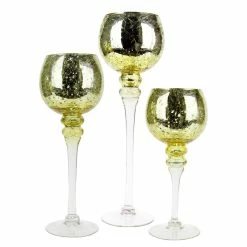 Budget 🔥 Modern Vase And Gift Pack Of 3 SETS Mercury Gold Glass Crackle Candle Holder O-4" Set Of 3 Height 👍