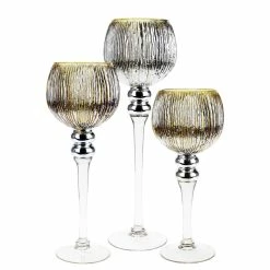 Cheapest 👏 Modern Vase And Gift Pack Of 3 SETS Mercury Gold Glass Wavy Candle Holder O-4" Set Of 3 Height 🛒